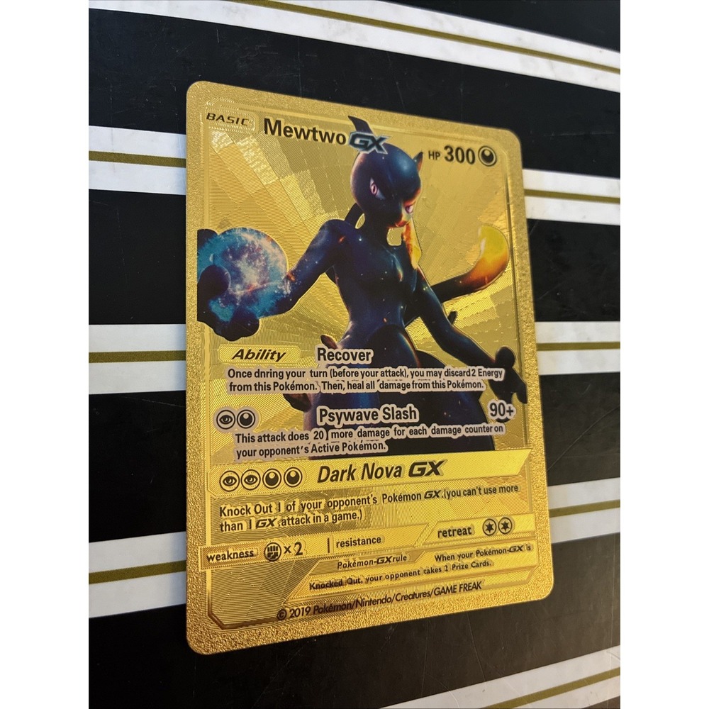 Mewtwo GX Gold METAL Fan Art display Card Hp300 Onda Mental GX